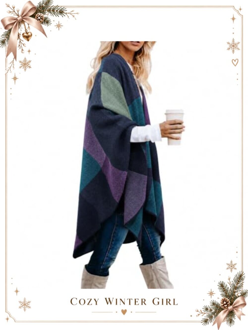 Plaid Shawl Wrap Oversized Open Front Knitted Poncho Sweater